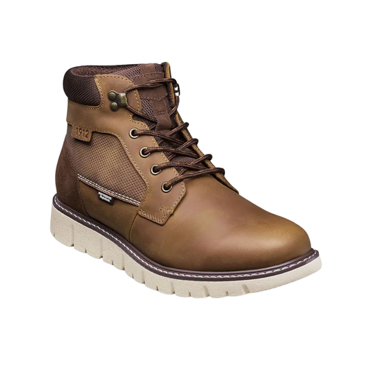 A brown leather lace-up ankle boot with a thick off-white sole, shown from a three-quarters angle on a plain white background.