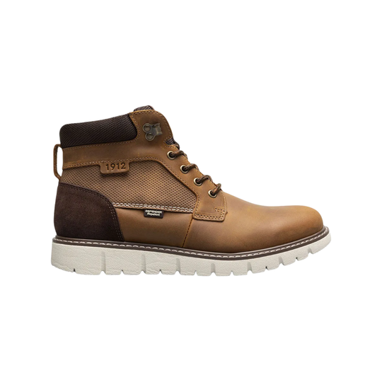 A brown leather lace-up ankle boot with a white sole, shown in a side profile on a white background.