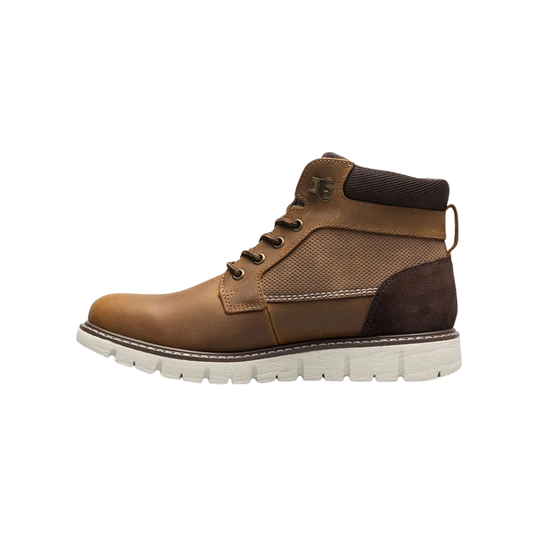 A brown ankle boot with a chunky white sole, featuring a mix of smooth leather, textured mesh, and suede panels, shown from a side profile on a white background.
