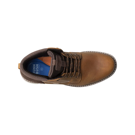 A top-down view of a brown leather lace-up boot by Dunn Bush, shown on a solid white background.