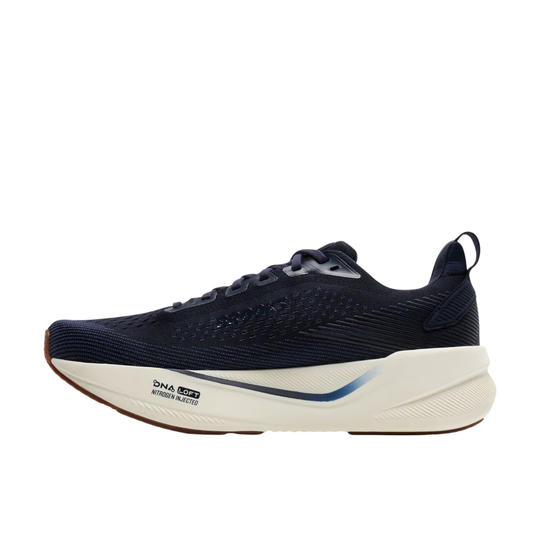 A single dark navy blue running shoe with a thick off-white midsole and a small blue accent line, shown from the side against a plain white background.