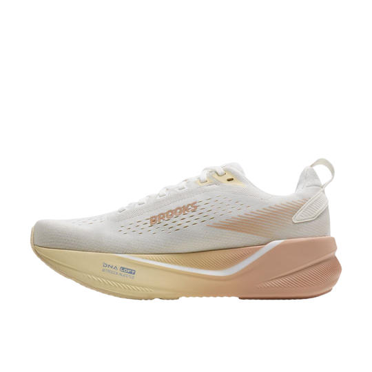 Brooks Glycerin running shoe in white and beige with a peach-colored midsole and heel, shown from a side profile on a white background.