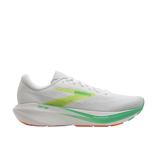 Brooks Ghost Run running shoe in white with neon green and orange accents, shown from a side profile on a white background.