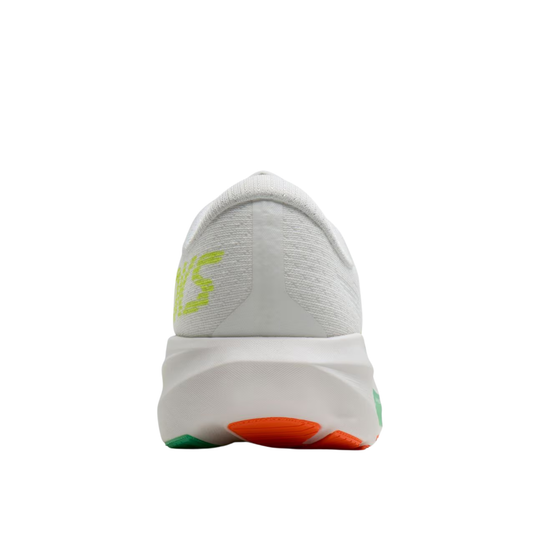 A white athletic shoe shown from the rear, featuring a white midsole, a white knit upper, a lime green logo on the heel, and orange and green accents on the outsole.