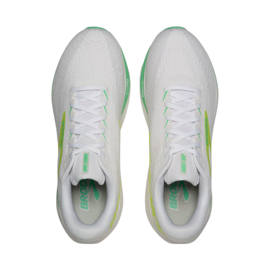 A pair of Brooks running shoes in white with vibrant lime green accents, shown from a top-down view on a solid white background.