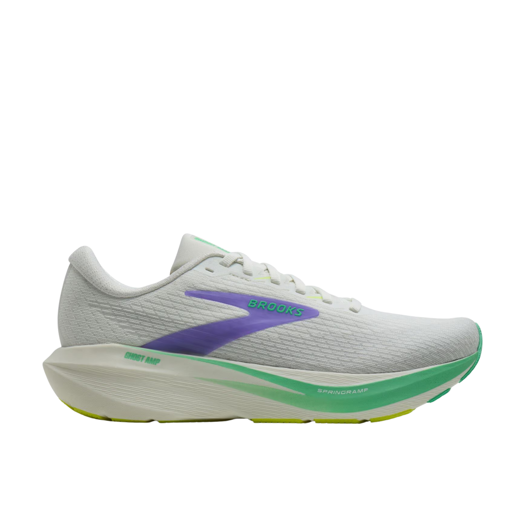 A Brooks Ghost running shoe in white with a purple logo stripe and mint green accents on the midsole and outsole, shown from a side profile on a white background.