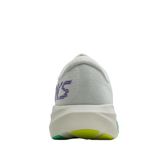 A rear three-quarter view of a white athletic shoe with a thick white midsole, purple branding on the heel, and a bright neon yellow and green outsole, shown against a plain white background.