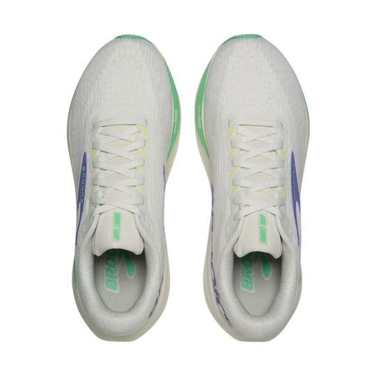 A pair of Brooks running shoes shown from a top-down view, featuring a white textured knit upper with green and purple accents.