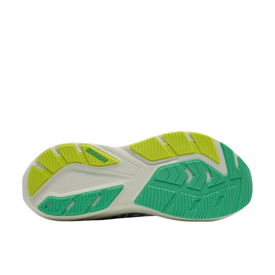 The outsole of a Brooks running shoe, showing a white midsole with bright green and neon yellow-green tread patterns.