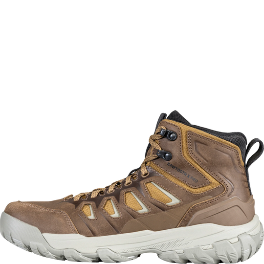 Brown hiking boot with white sole on a white background