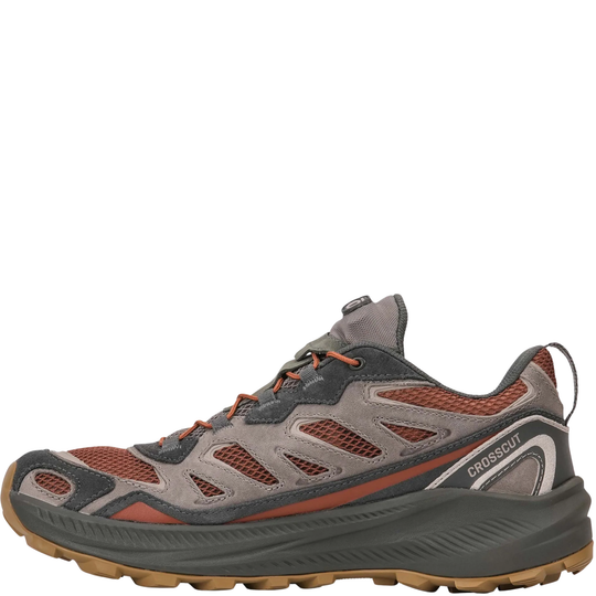 A single Crosscut hiking shoe in gray suede and mesh with rust-orange mesh accents and a dark gray sole, shown from a side profile on a white background.