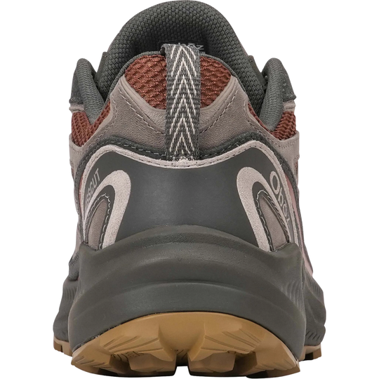 A close-up rear view of a gray and brown hiking shoe with a tan outsole, shown on a plain white background.