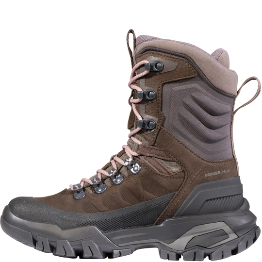 Brown and gray hiking boot with pink laces on a white background