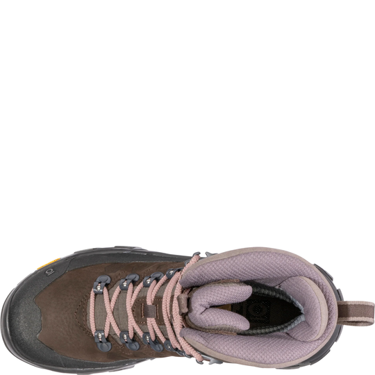 Brown hiking boot with gray sole on a white background