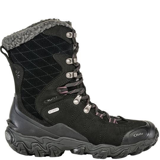 A single black Oooz outdoor boot with a gray fleece collar, silver metal eyelets, and a rugged sole, shown against a plain white background.