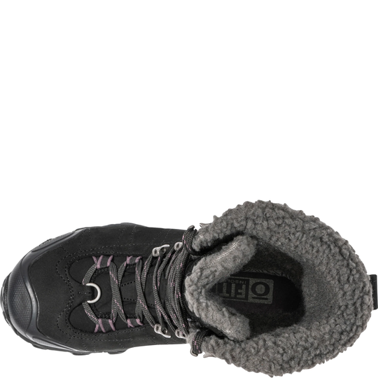 Black winter boot with gray fleece lining on a white background
