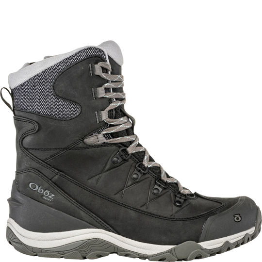 Black and gray winter boot with visible Oboz branding on a white background