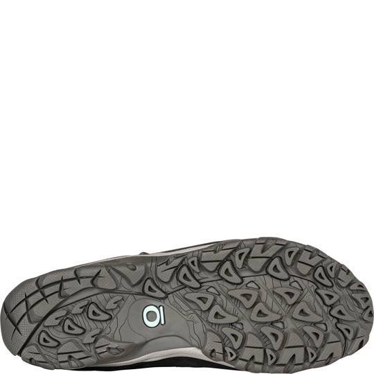 Close-up of a gray shoe sole with tread pattern on a white background