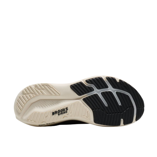 The bottom sole of a Brooks Running shoe, showing a black and gray tread pattern with the 'BROOKS RUNNING' logo on a beige midsole, isolated on a white background.