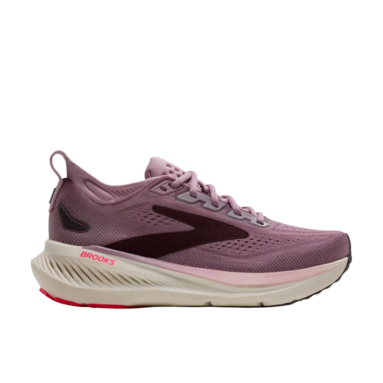 A Brooks running shoe in a dusty mauve-purple colorway, featuring a dark burgundy logo stripe, a cream-colored midsole, and a small red accent on the outsole.