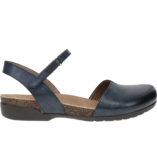 A navy blue leather slingback sandal with a cork-look midsole and a black outsole, shown in a side profile view against a white background.
