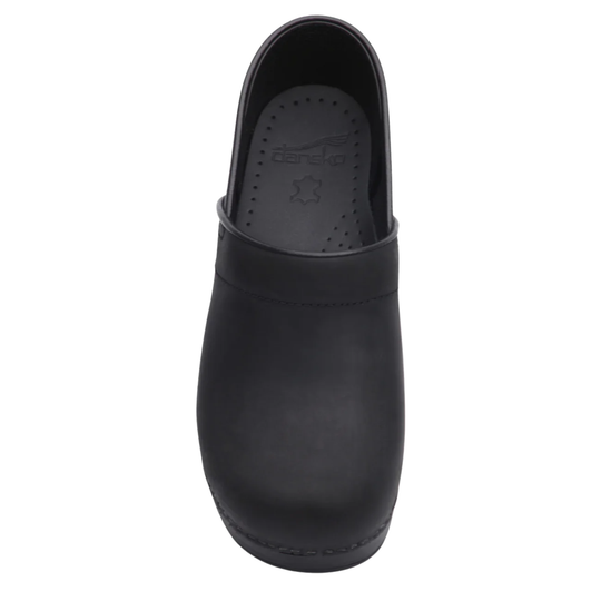 A single black clog shoe shown from a top-down view on a plain white background.