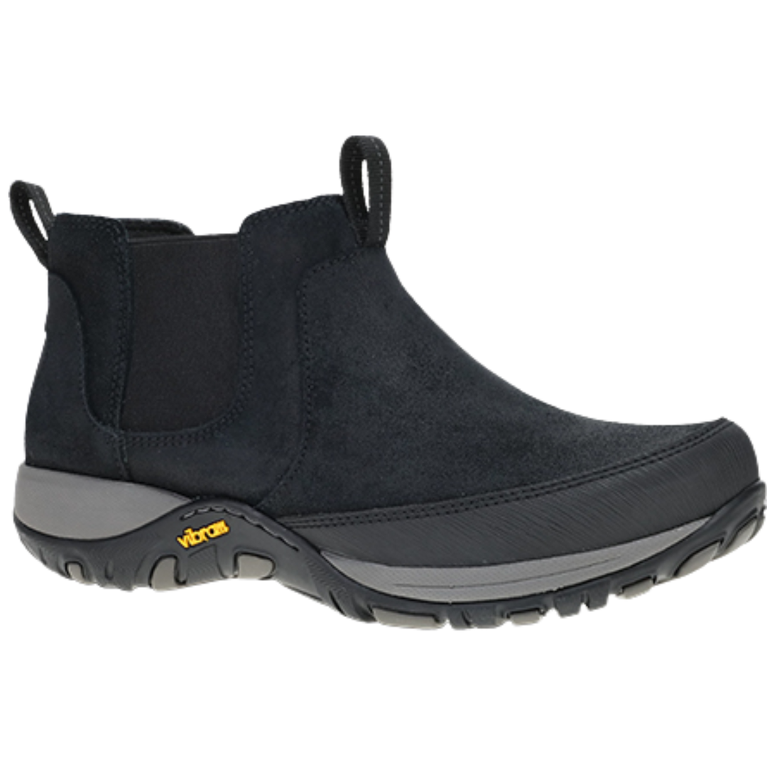 A black Chelsea-style ankle boot with a pull tab, elastic side gore, and a rugged sole featuring a visible Vibram logo, shown against a plain white background.