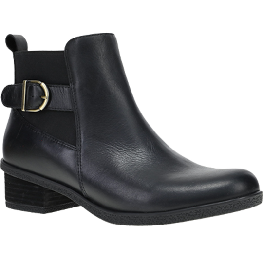 A black leather ankle boot with a side buckle strap, shown from a three-quarters angle on a plain white background.