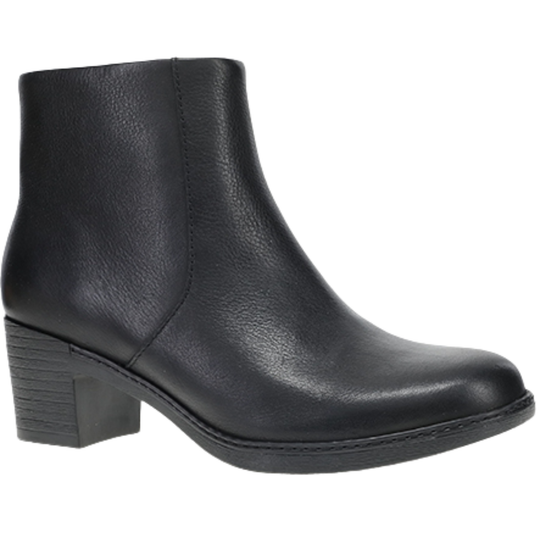 A black leather ankle boot with a block heel, shown from a side profile view against a plain white background.