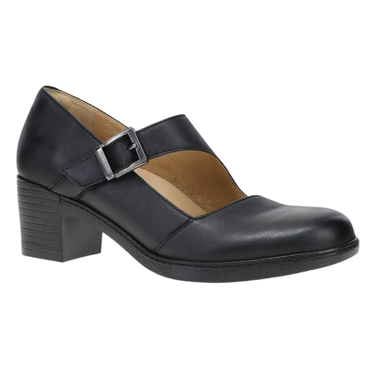 A black leather Mary Jane pump with a silver-tone buckle strap and a low block heel, shown from a side profile on a white background.