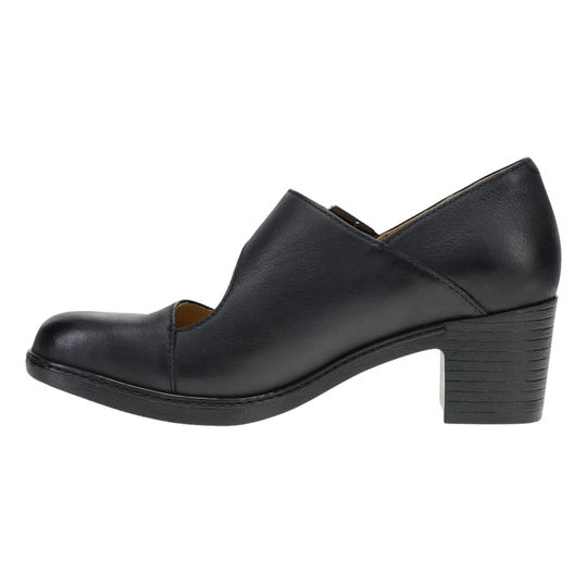 A black leather Mary Jane-style pump with a low block heel, shown in a side profile view against a plain white background.