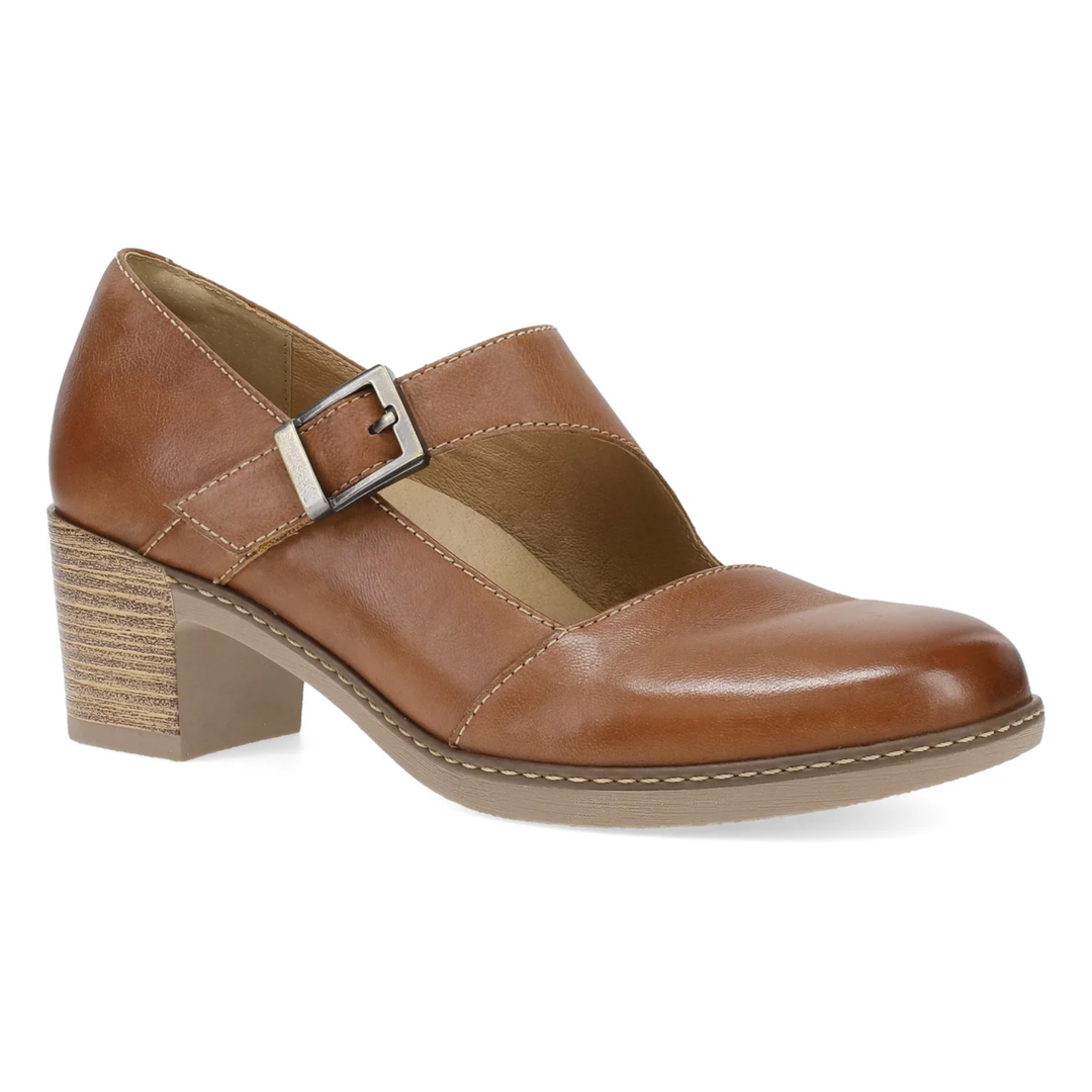 A women's Mary Jane style pump shoe in smooth brown leather with a silver buckle strap, a stacked wood-textured block heel, and a light beige sole, shown against a plain white background.