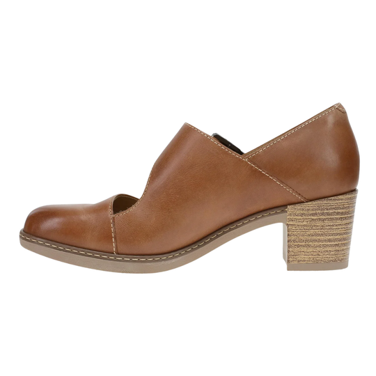 A single women's brown leather shoe with a low block heel and a decorative stitched detail across the vamp, shown in profile against a white background.