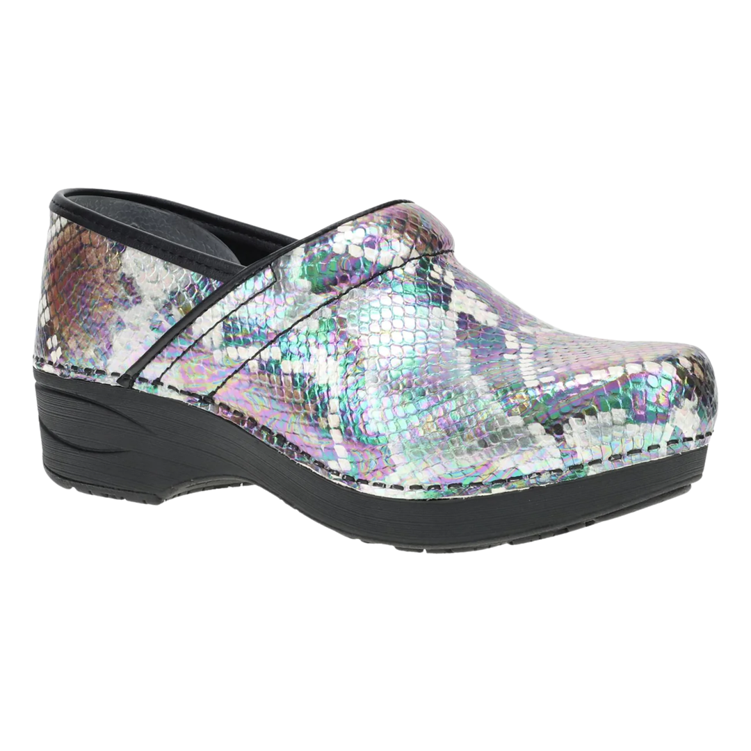 A single women's clog shoe with a black platform sole and heel, featuring a metallic, iridescent snakeskin pattern on the upper. The shoe is photographed from a side profile view against a clean white background.
