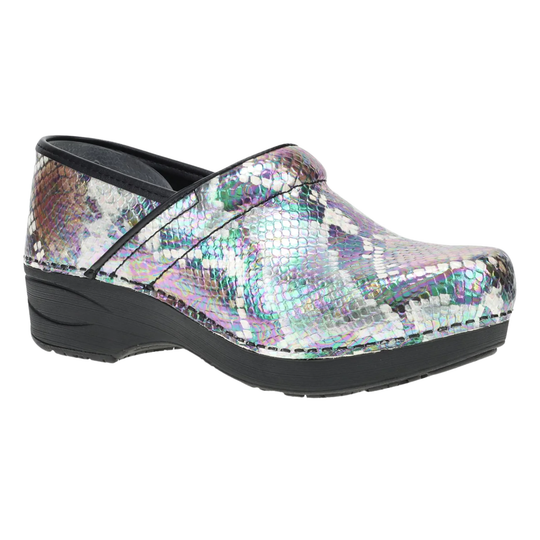 A single women's clog shoe with a black platform sole and heel, featuring a metallic, iridescent snakeskin pattern on the upper. The shoe is photographed from a side profile view against a clean white background.