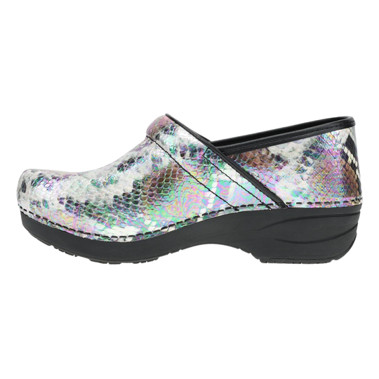 A single women's clog shoe with a metallic, iridescent snakeskin pattern on a white background. The shoe features a black sole and a black elastic strap across the instep.