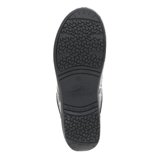 Top-down view of a black shoe sole showing a textured tread pattern and embossed brand logo on a white background.