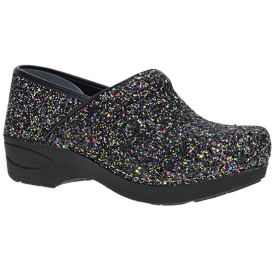 A single women's clog shoe covered in black glitter with iridescent multicolor flecks, featuring a black wedge sole, shown against a plain white background.