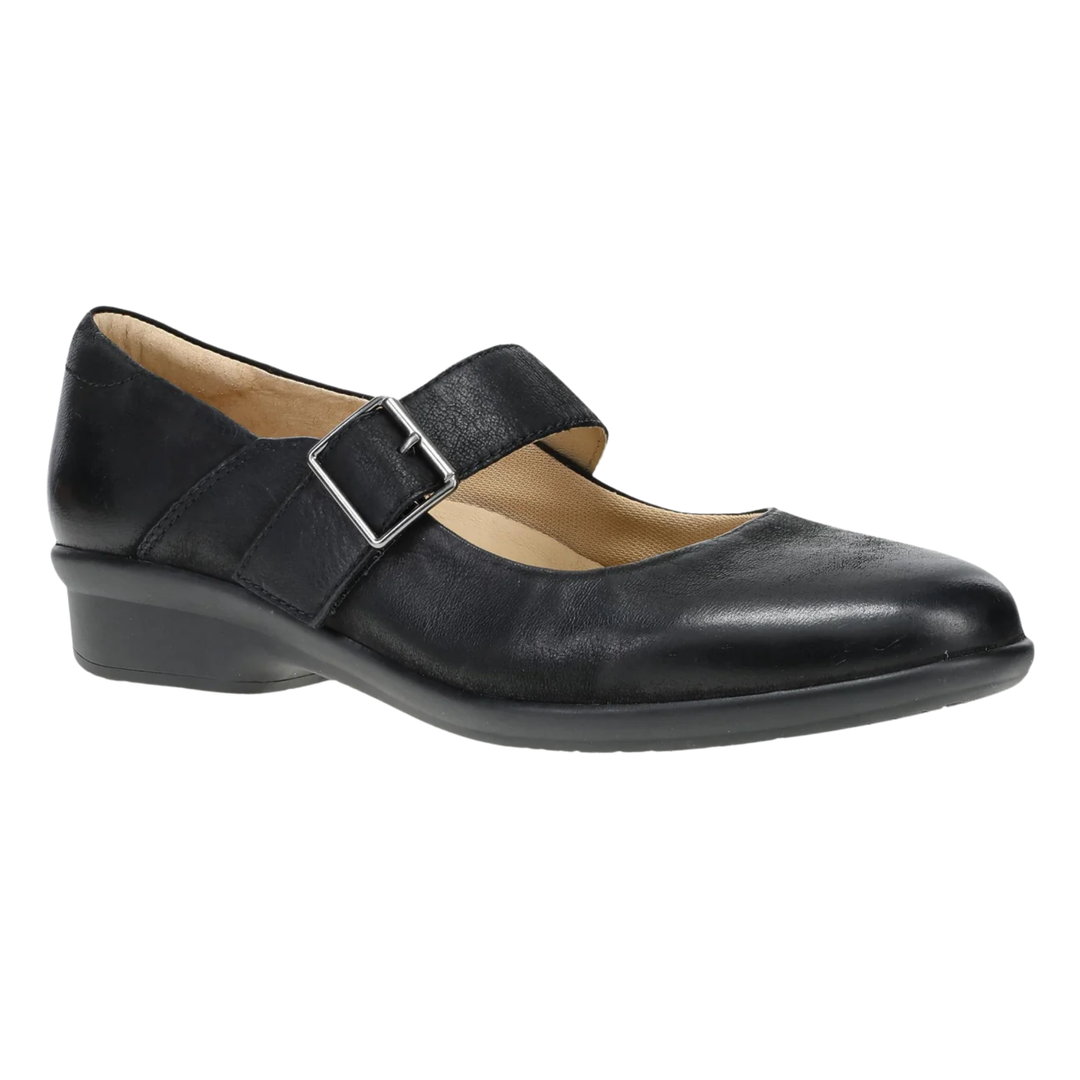Black leather shoe with a buckle on a white background