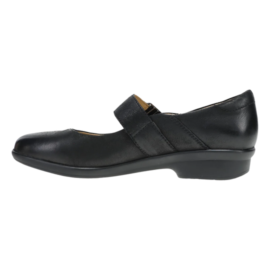 Black leather shoe with a buckle on a white background