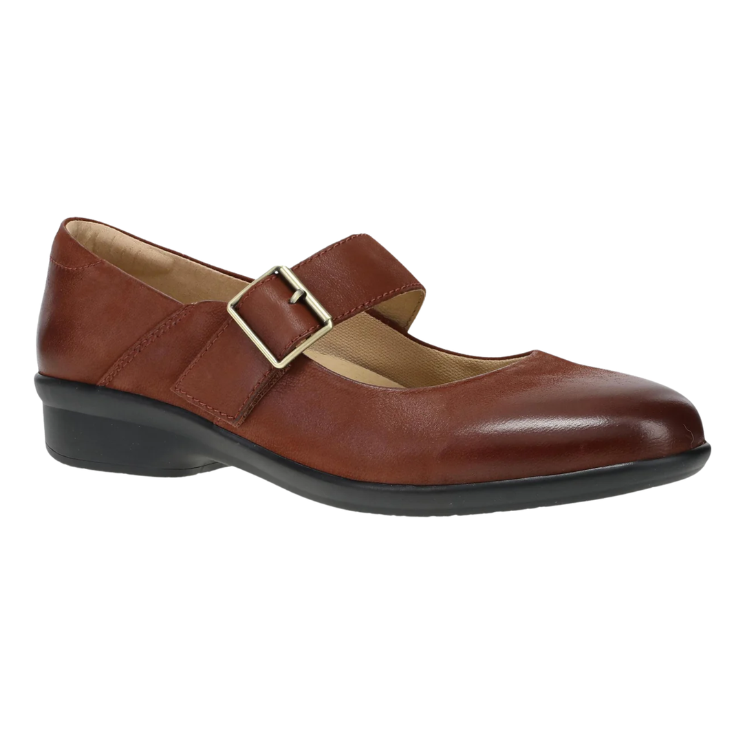 A brown leather Mary Jane shoe with a gold-tone buckle strap and a black low heel, shown from a side profile on a white background.