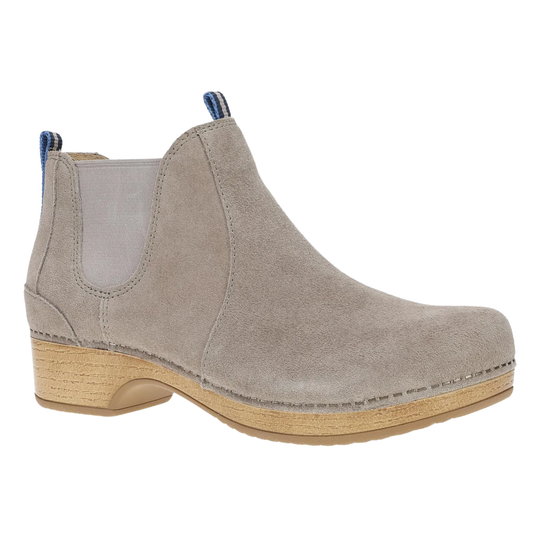 A light gray suede Chelsea boot with a natural wood block heel and a blue striped pull tab, shown from a side profile on a white background.