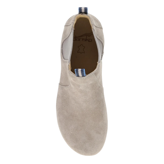 A single light beige suede slip-on shoe shown from a top-down view on a plain white background. The brand name 'barsko' is visible on the inner sole.