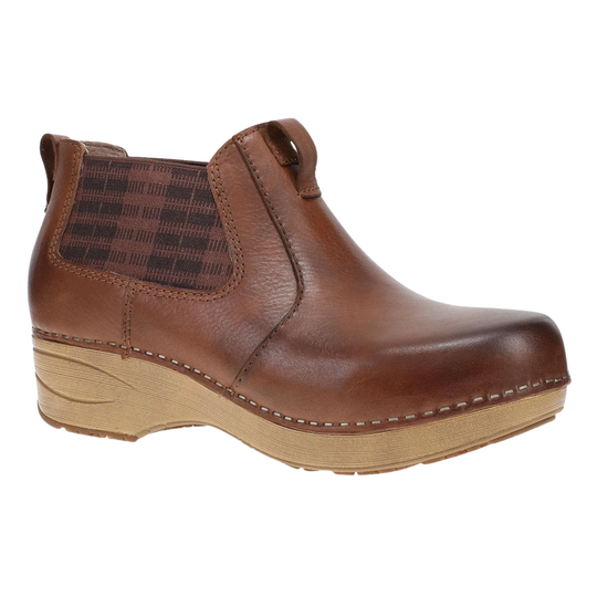 A brown leather ankle boot with a brown and black plaid elastic side panel and a chunky tan platform wedge sole, shown from a side profile on a white background.