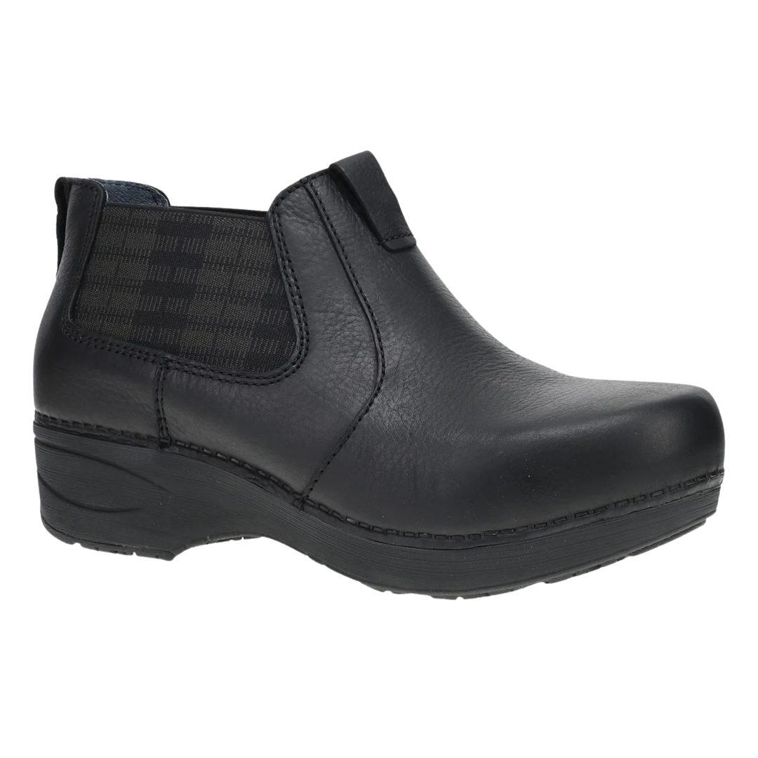 A black slip-on ankle boot with a textured elastic side panel and a thick black platform sole, shown from a side profile view on a white background.