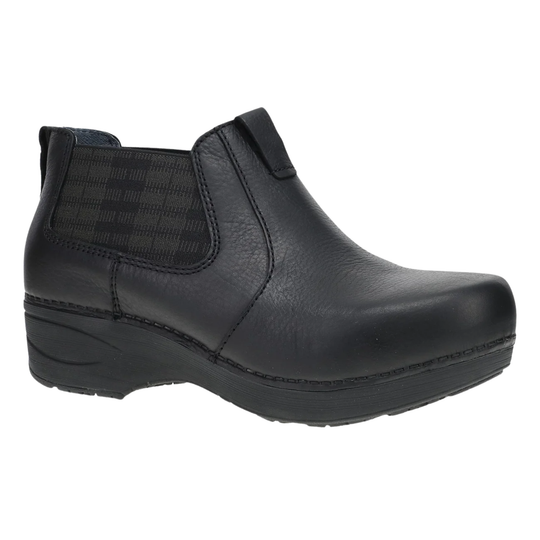 A black slip-on ankle boot with a textured elastic side panel and a thick black platform sole, shown from a side profile view on a white background.