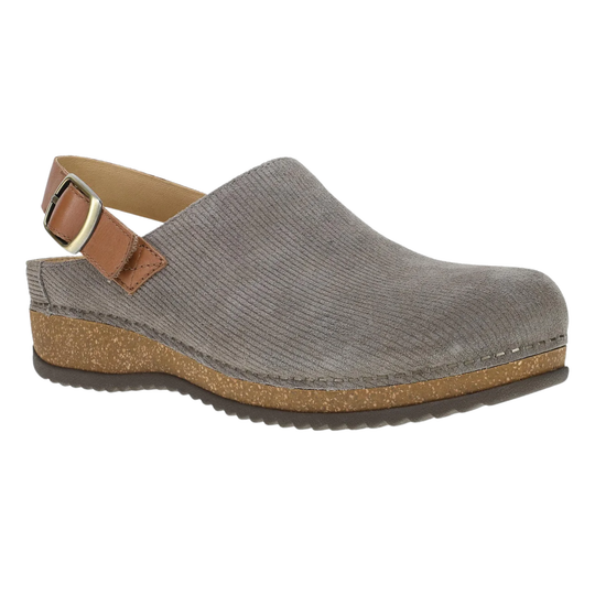 A single gray corduroy clog shoe with a brown leather ankle strap and a cork-textured midsole, shown from a side profile on a white background.