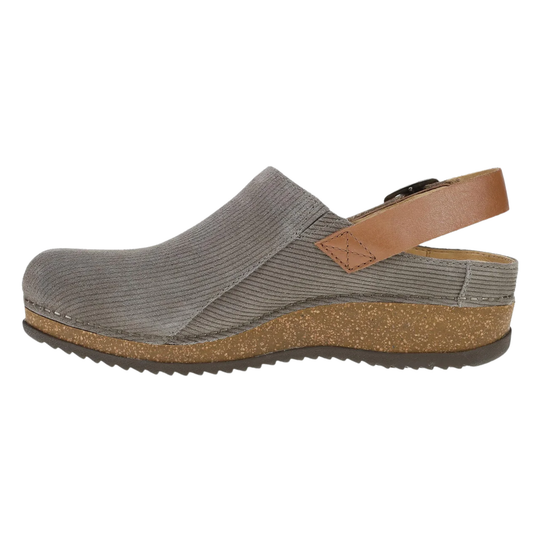 A gray corduroy clog shoe with a brown leather ankle strap and a cork-wrapped midsole, shown in a side profile on a white background.
