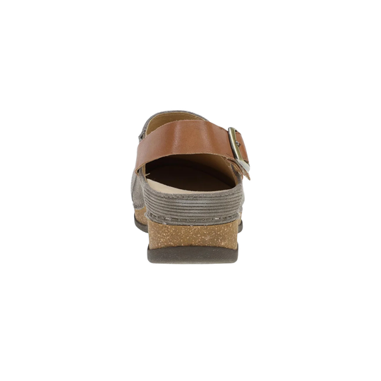 A single women's clog sandal shown from a rear three-quarter view, featuring a tan leather strap with a silver buckle, a gray fabric-wrapped midsole, and a cork-textured heel, set against a plain white background.