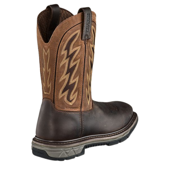 A brown leather western boot shown from a side-rear angle on a white background, featuring tan and dark brown embroidered stitching on the shaft and a gray midsole.